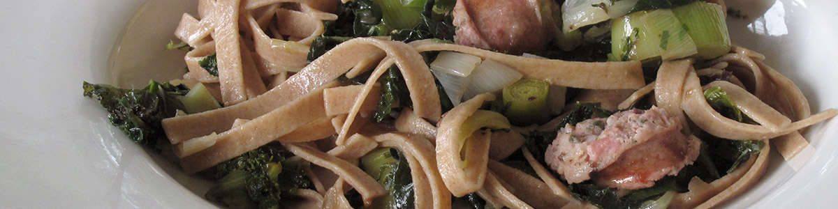 Sonora Fettuccine with Sausage, Leafy Greens and Leeks